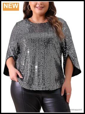 Women's Sequin Party Top 3/4 Sleeve Shimmer Blouse Plus Size
